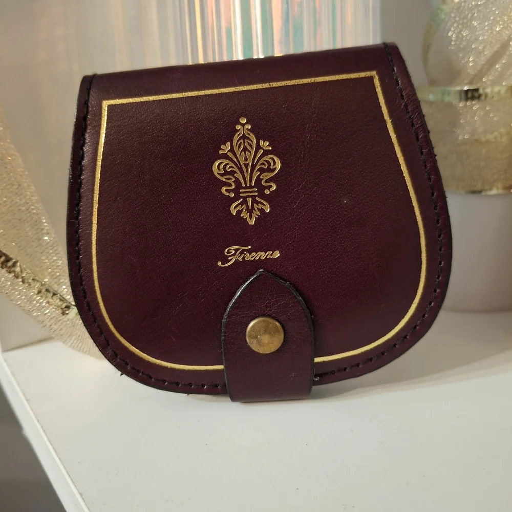Firenza Brown Leather Coin Pouch with Gold Fleur-de-lis